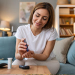 Women in a white T-SHIRT checking her Glucose sugar levels