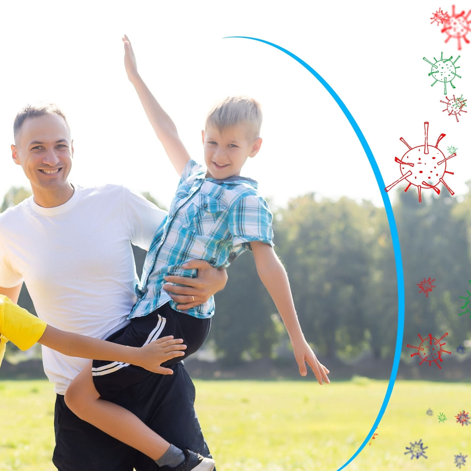 Man holding a child in a park with illustrations of viruses on the right side.