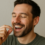 Smiling man in a green shirt about to consume an Ashwagandha capsule.