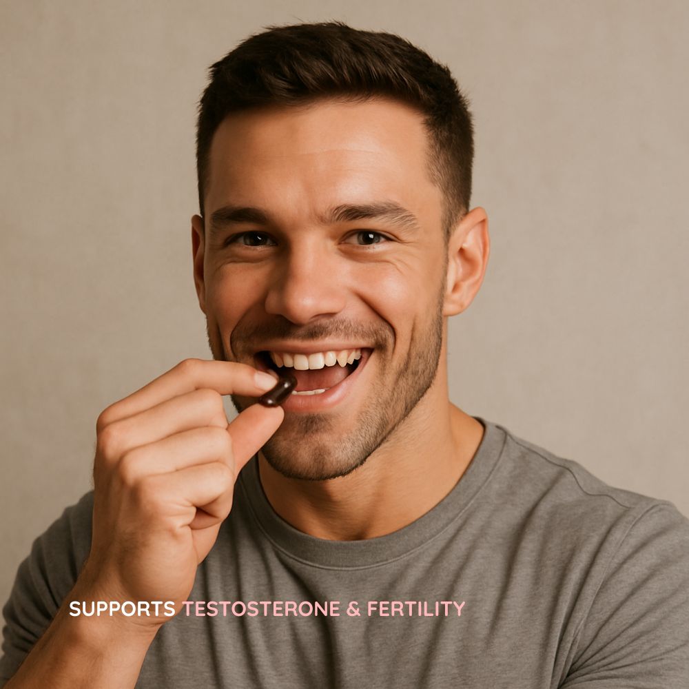 Smiling man in grey shirt taking Shilajit capsule, promoting testosterone and fertility support.