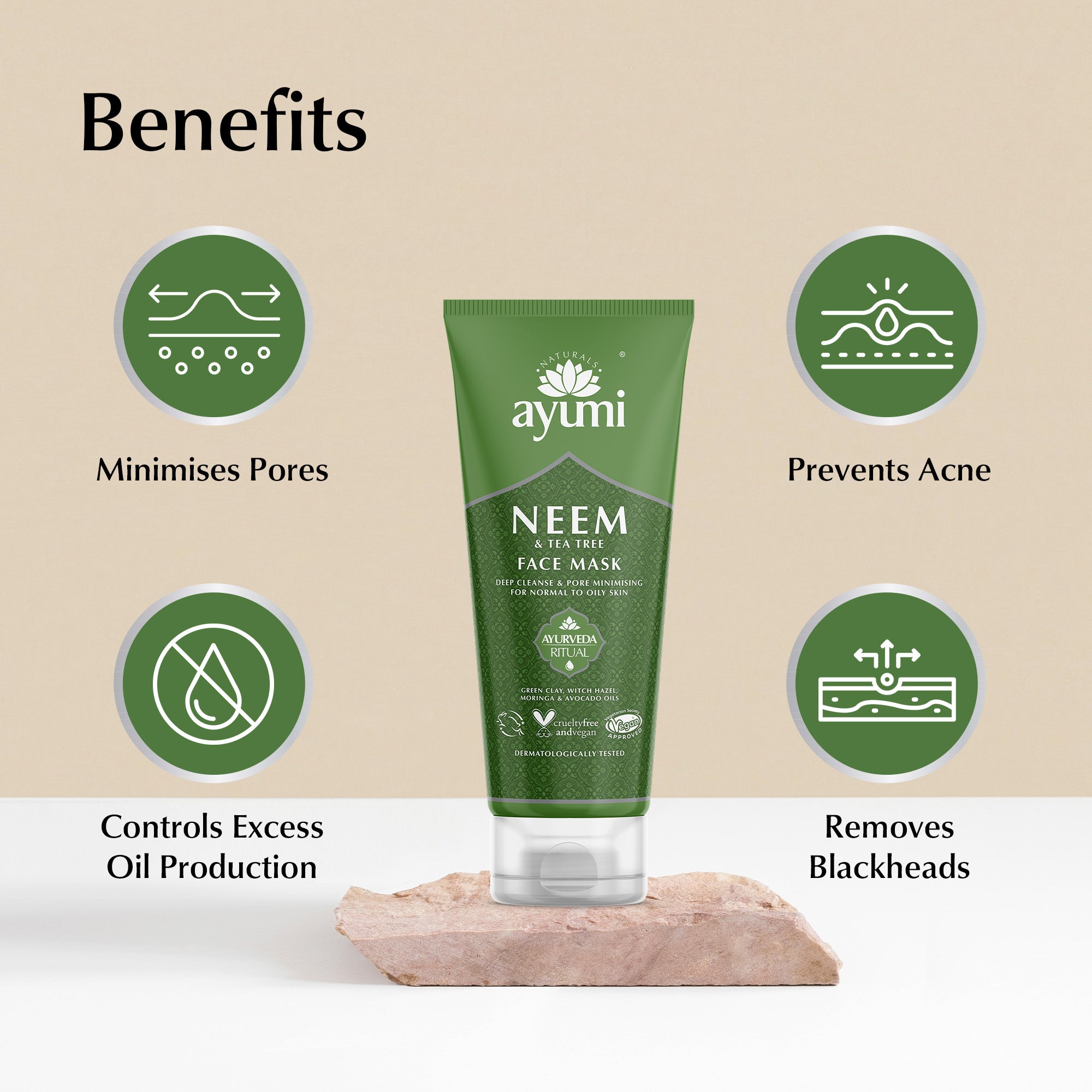 Ayumi Neem Face Mask tube with benefits on a beige background