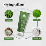 Ayumi Neem Face Mask with key ingredients displayed around it on a light gray background