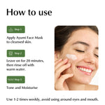 Instructions on how to use Ayumi Face Mask with a woman applying it to her face.