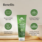 Green tube of Ayumi Neem Face Scrub with icons and text highlighting benefits on a beige background