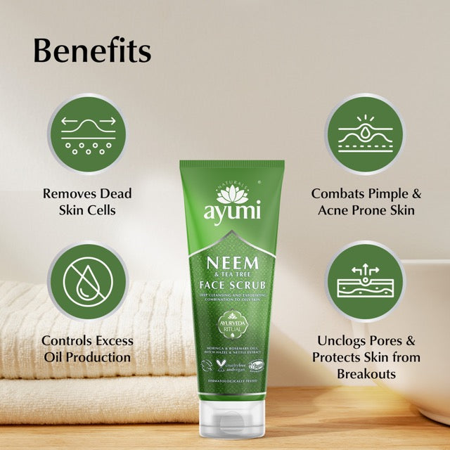Green tube of Ayumi Neem Face Scrub with icons and text highlighting benefits on a beige background