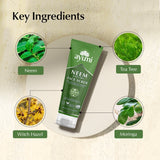 Ayumi Neem Face Scrub with key ingredients displayed on a beige background