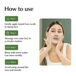 Instructions on how to use Ayumi Face scrub with a woman applying it on her face.