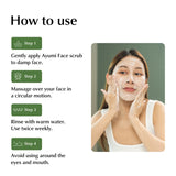 Instructions on how to use Ayumi Face scrub with a woman applying it on her face.