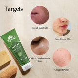 Ayuni Neem Scrub packaging with skin types it targets on a beige background