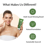 Woman holding a green skincare product with text highlighting brand attributes on a white background