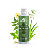 Ayumi oil control face toner bottle with green leaves and flowers on a white background