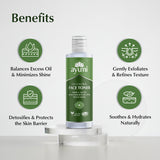 Ayumi face toner bottle with benefits listed on a white background