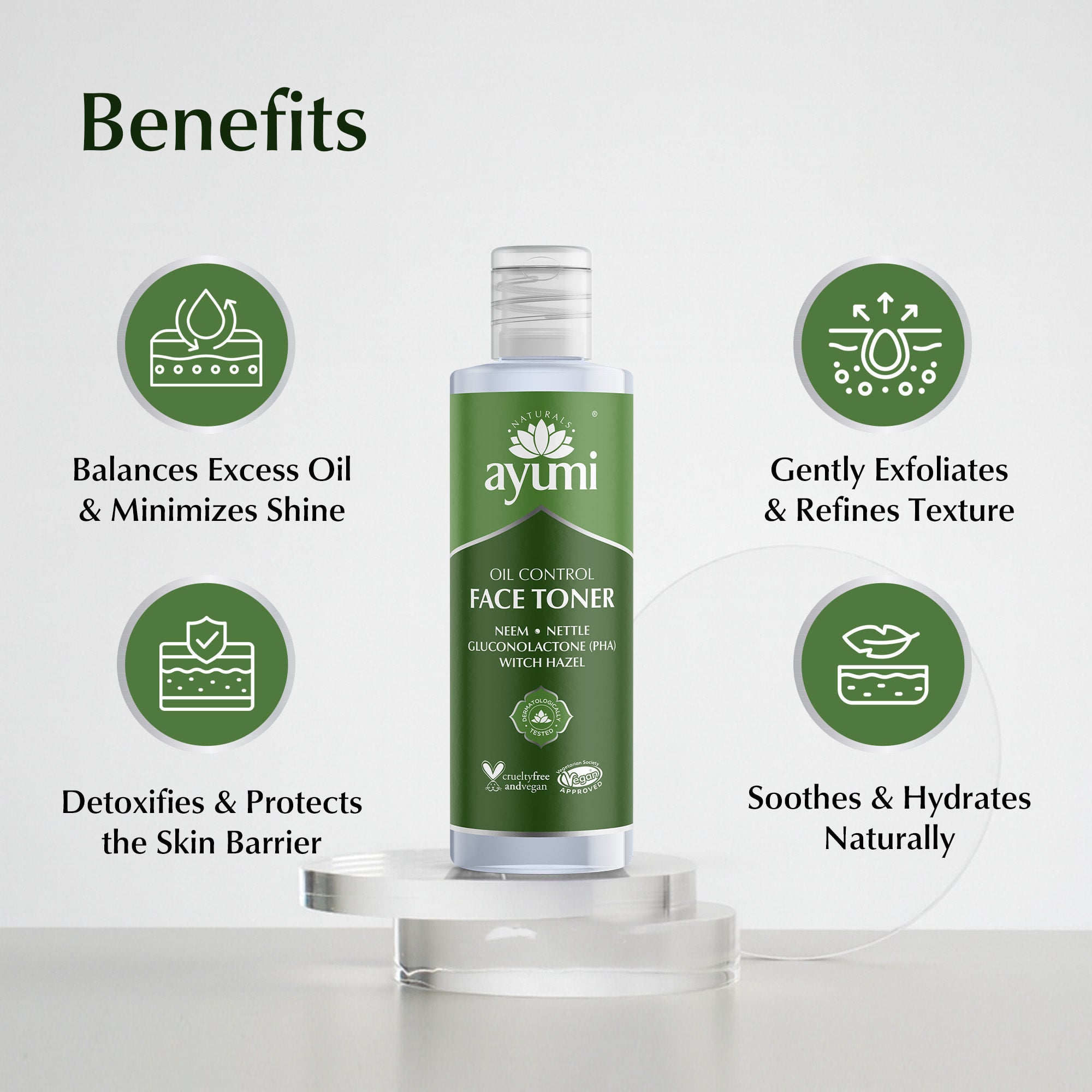 Ayumi face toner bottle with benefits listed on a white background