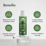 Ayumi face toner bottle with benefits listed on a white background