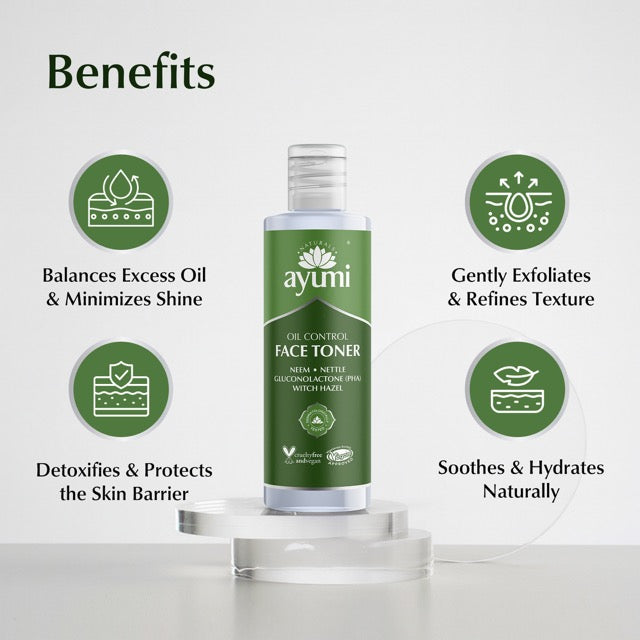 Ayumi face toner bottle with benefits listed on a white background