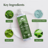 Ayumi oil control face toner with key ingredients displayed on a light gray background