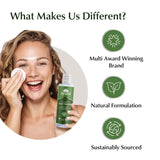 Woman applying face toner with a bottle labeled 'ayumi' on a white background with branding icons.