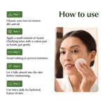 Instructions on how to use Ayumi Clarifying Toner with a woman applying it.