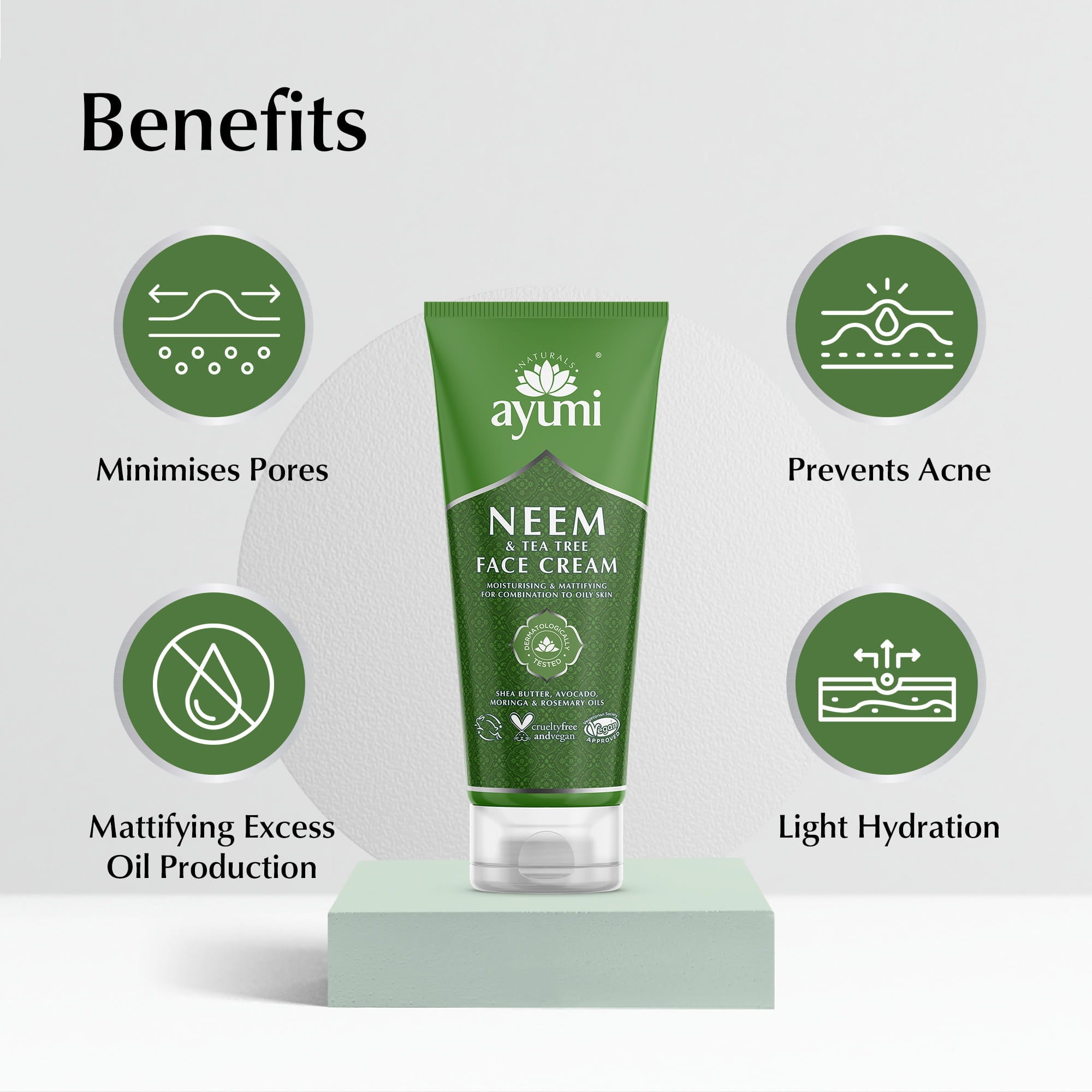 Ayuni Neem Face Cream with benefits listed on a light gray background