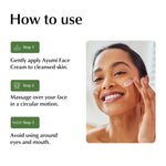 Instructions on how to use Ayumi Face Cream with a woman applying cream to her face.