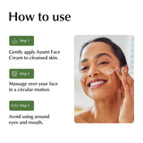 Instructions on how to use Ayumi Face Cream with a woman applying cream to her face.