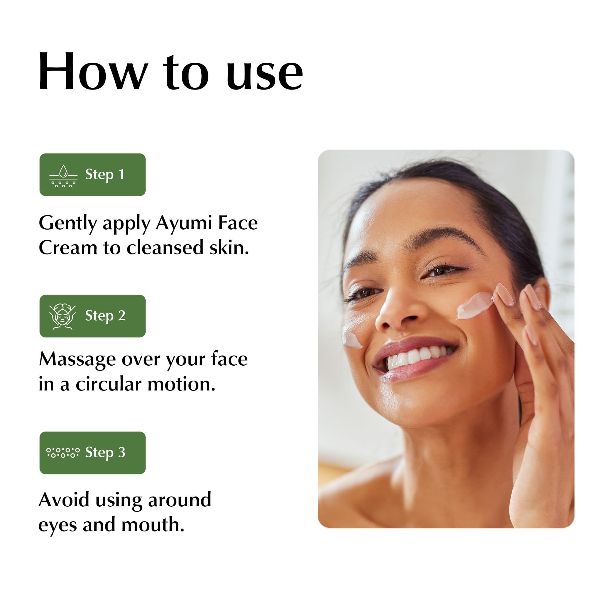 Instructions on how to use Ayumi Face Cream with a woman applying cream to her face.