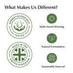 Green icons and text highlighting differentiators of a product or brand on a white background.