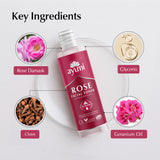 Ayumi Rose Facial Toner bottle with key ingredients displayed on a white background