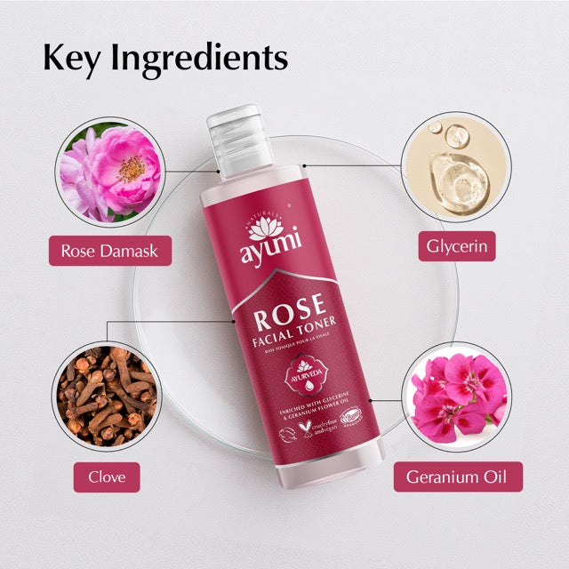 Ayumi Rose Facial Toner bottle with key ingredients displayed on a white background