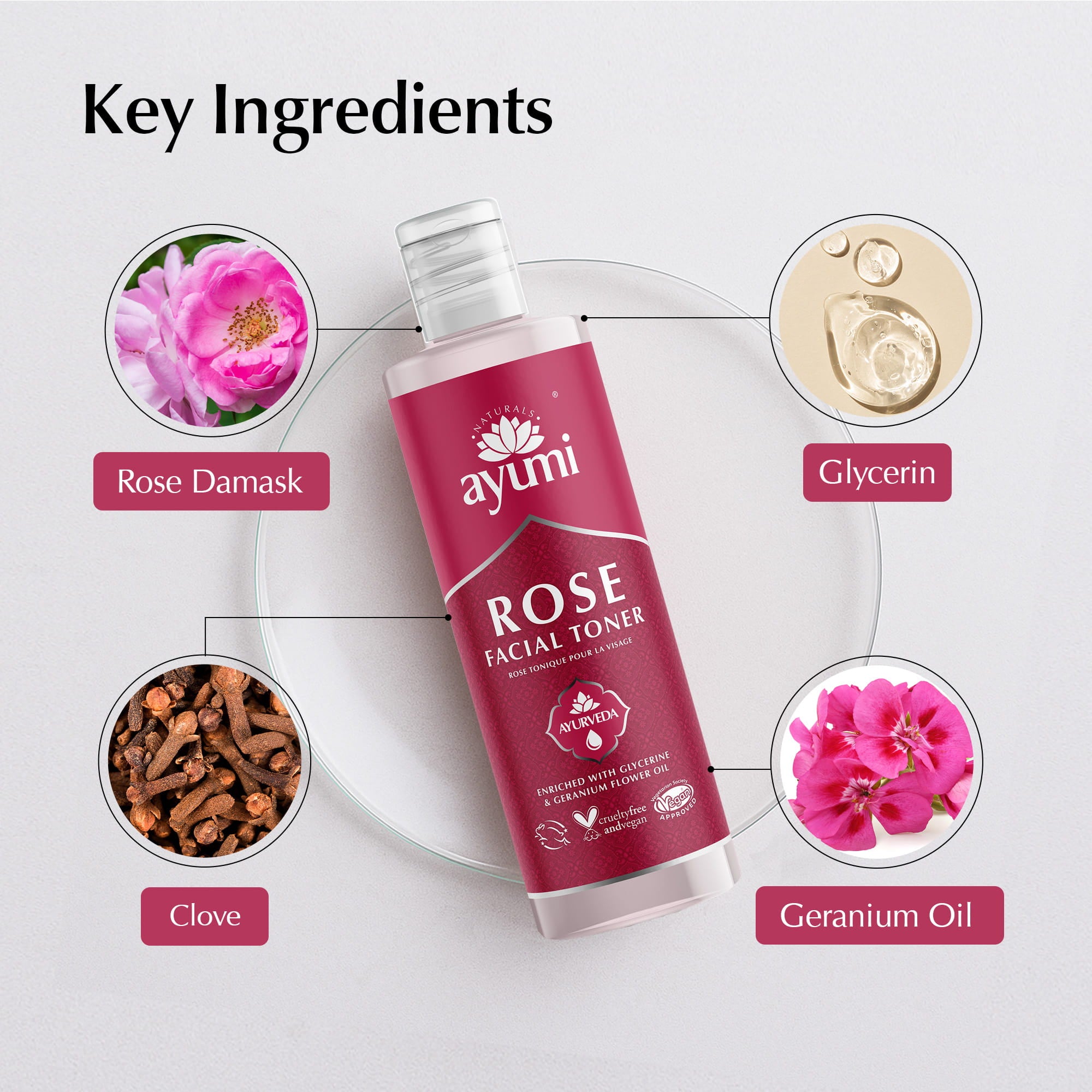 Ayumi Rose Facial Toner bottle with key ingredients displayed on a white background