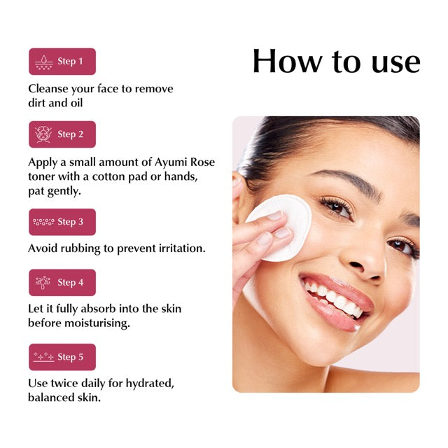 Instructions on how to use Ayumi Rose toner with a woman applying it to her face.