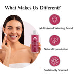 Woman applying facial serum with Ayuvi Rose Face Toner, surrounded by brand attributes on a white background.