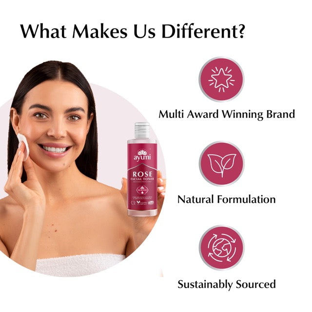 Woman applying facial serum with Ayuvi Rose Face Toner, surrounded by brand attributes on a white background.