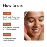 Instructions on how to use Ayumi Face Cream with a close-up of a woman applying the cream.