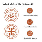 Logos and text highlighting differentiators of a product or brand on a white background.