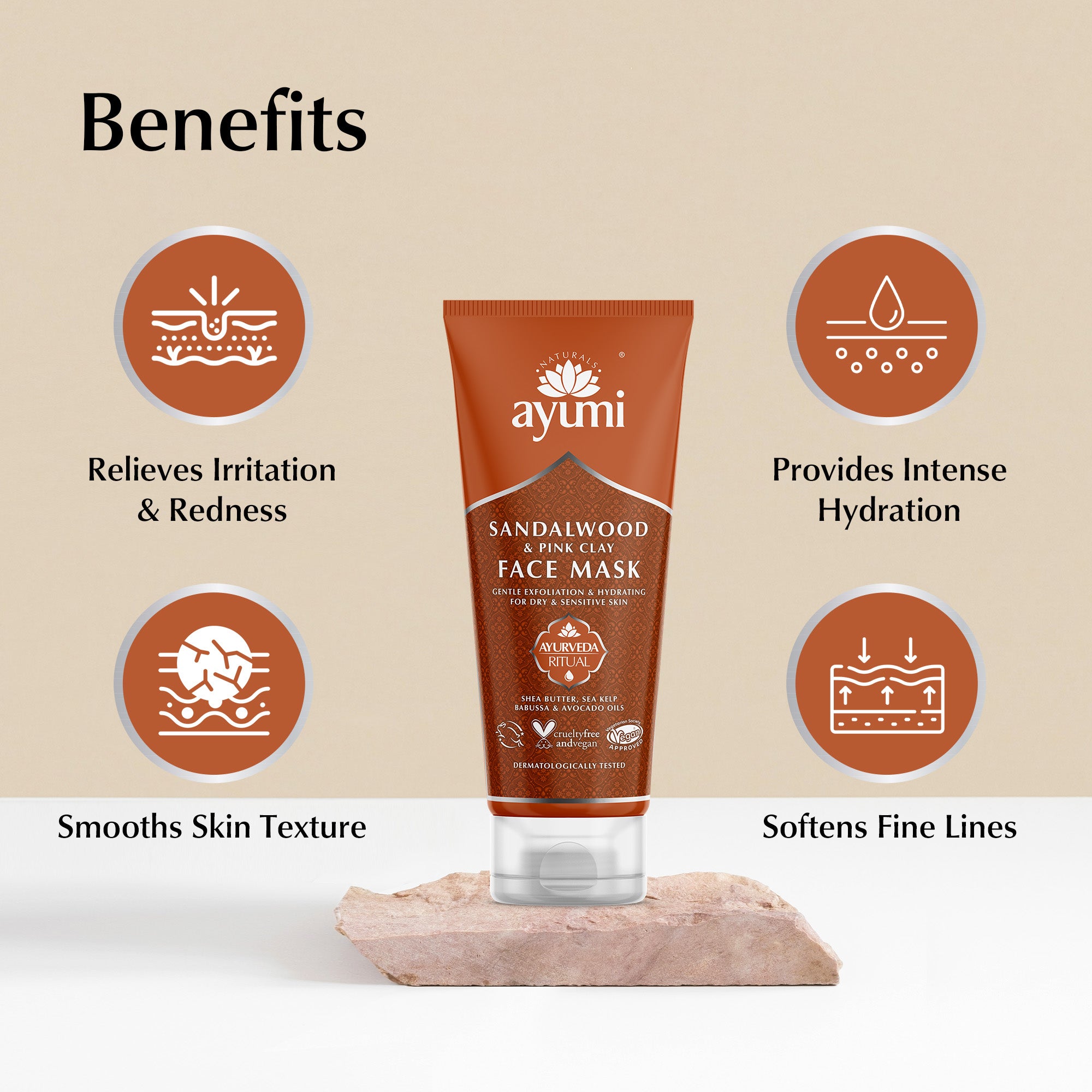Ayumi Sandalwood Face Mask with benefits listed on a beige background