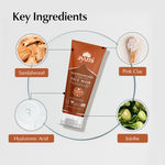 Ayumi Sandalwood Face Mask with key ingredients displayed around it on a light gray background