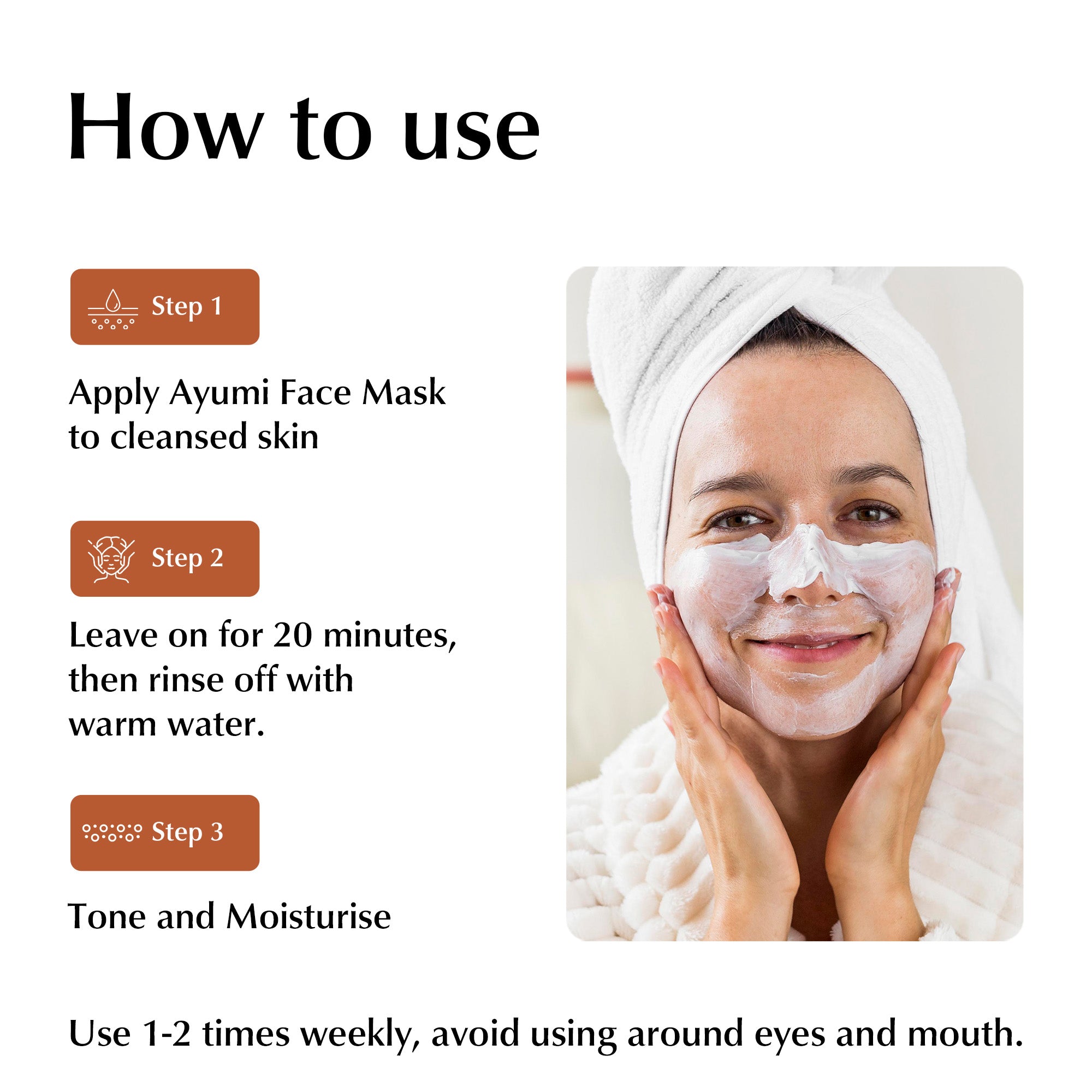 Instructions on how to use Ayumi Face Mask with a woman applying the mask.