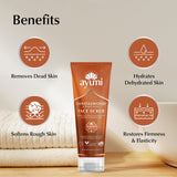 Ayumi Sandalwood & Ylang Ylang Face Scrub with benefits listed on a neutral background