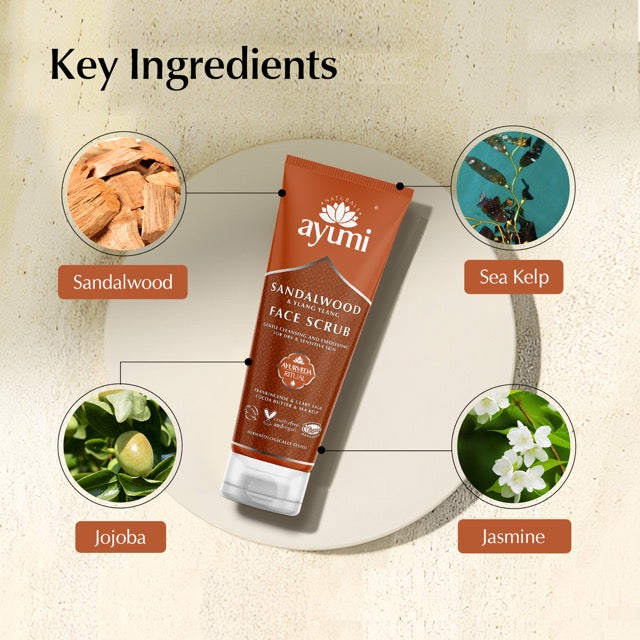 Ayumi Sandalwood Face Scrub with key ingredients displayed on a beige background
