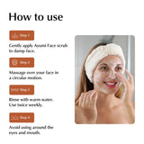 Instructions on how to use Ayumi Face scrub with a woman applying it to her face.