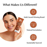 Woman holding a skincare product with brand features highlighted on a white background