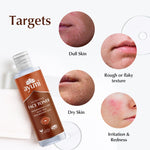 Ayumi hydrating face toner bottle with skin conditions it targets on a white background