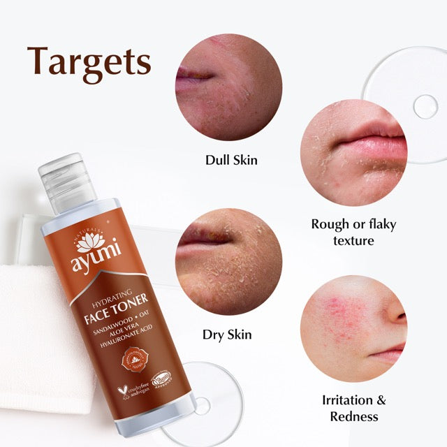 Ayumi hydrating face toner bottle with skin conditions it targets on a white background