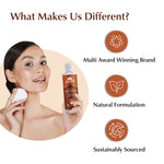 Woman holding a bottle of Ayuuni Face Toner with icons and text highlighting brand attributes on a white background.