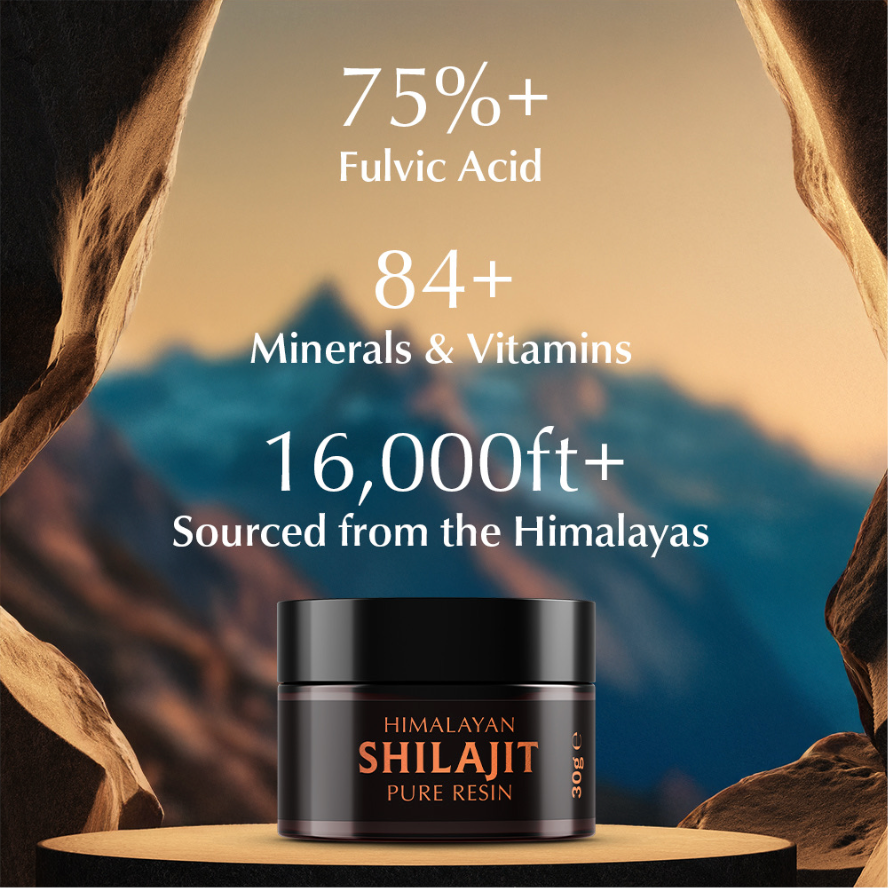 Himalayan Shilajit jar with mountainous background and text about its properties