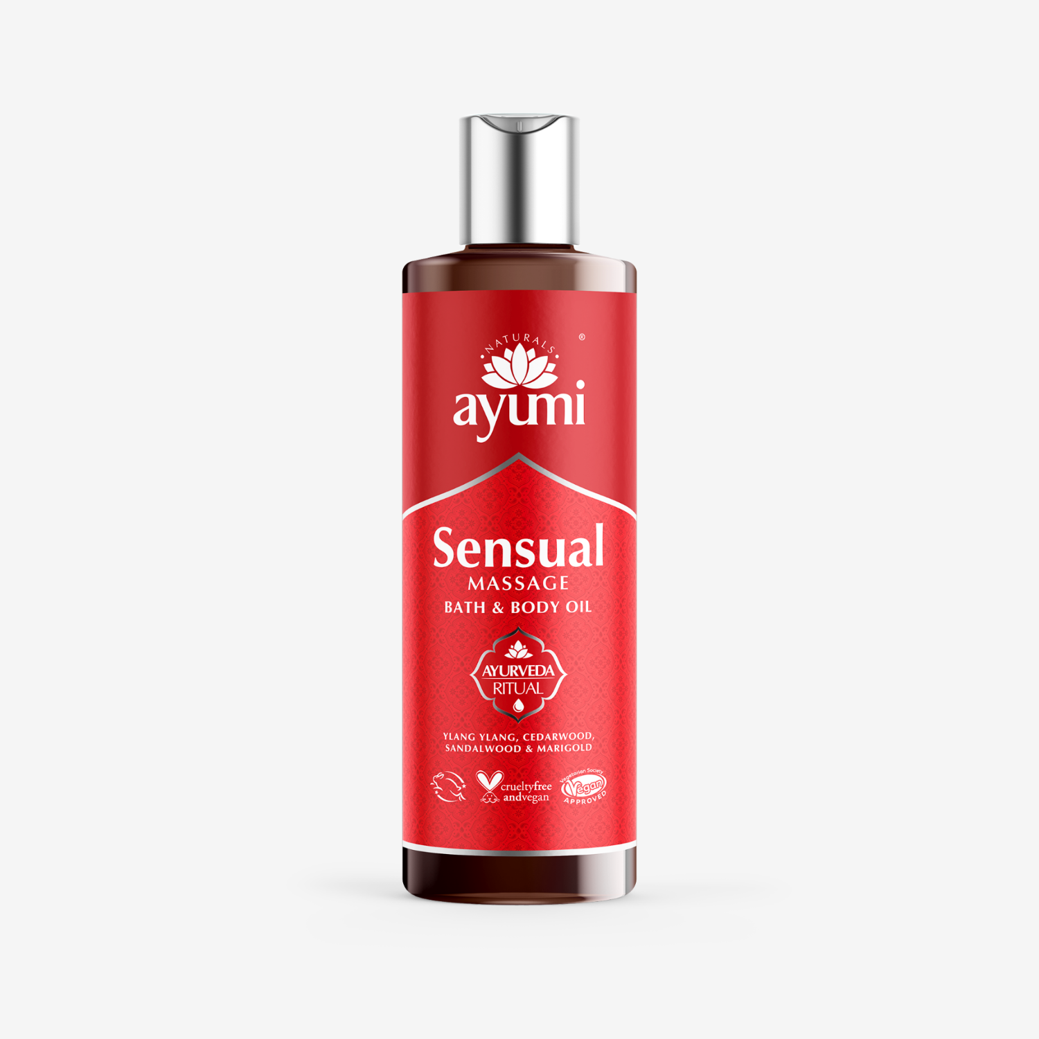 Ayumi Sensual Massage Bath and Body Oil 250ml with Sandalwood and Ylang Ylang Essential Oils.