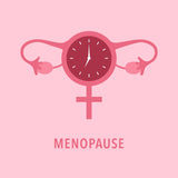 An image with a clock and a shape of the ovary stating Menopause