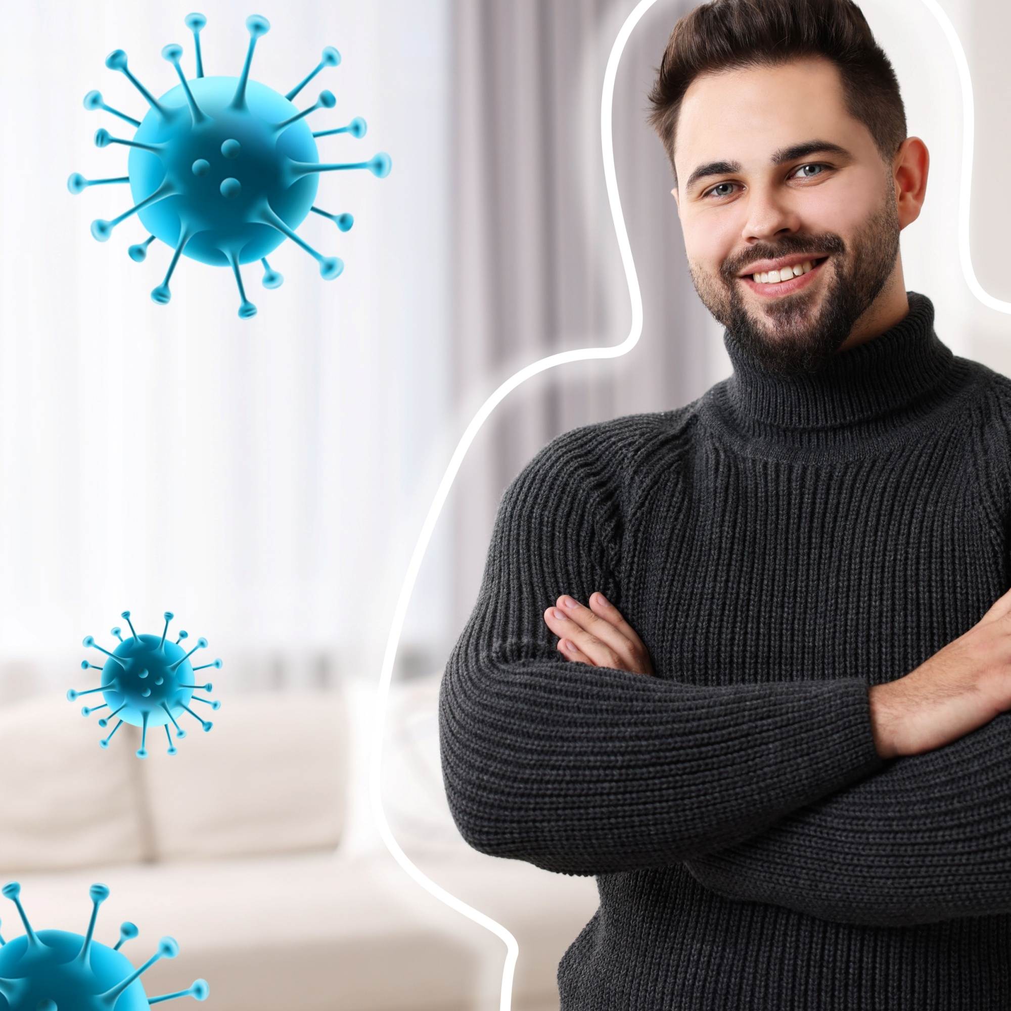 Man in a dark sweater with virus particles floating around him in a living room setting