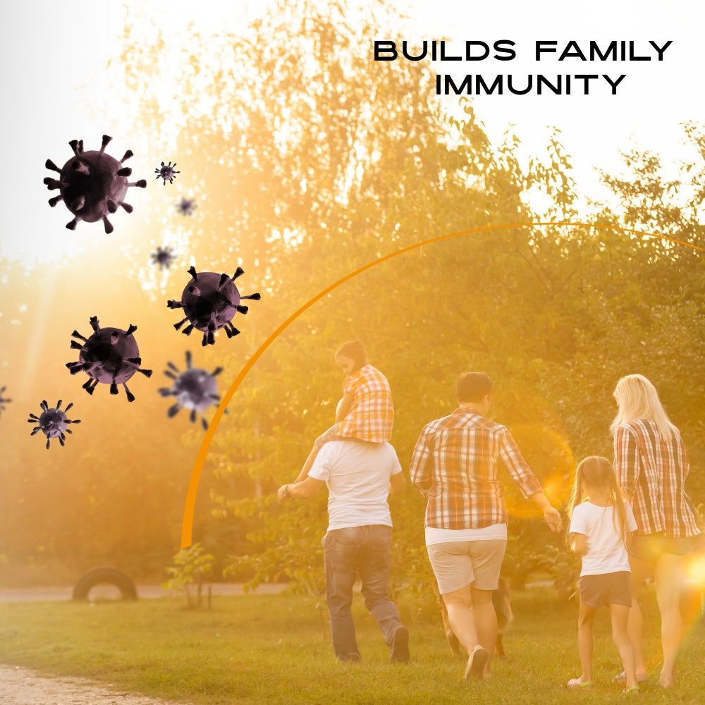 Family walking together with virus particles and 'Builds Family Immunity' text overlay.